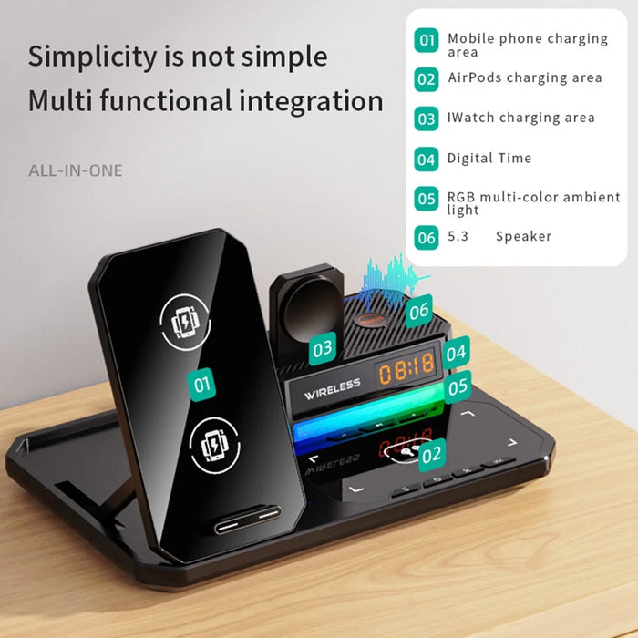C18 6-in-1 Wireless Charger Digital Charging Station with Bluetooth-compatible Speaker RGB Light - Black - 3