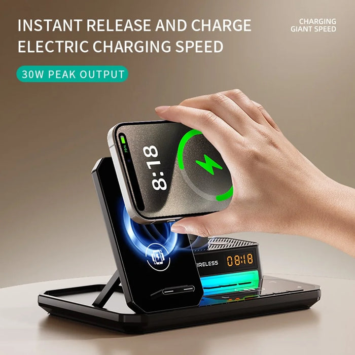 C18 6-in-1 Wireless Charger Digital Charging Station with Bluetooth-compatible Speaker RGB Light - Black - 6