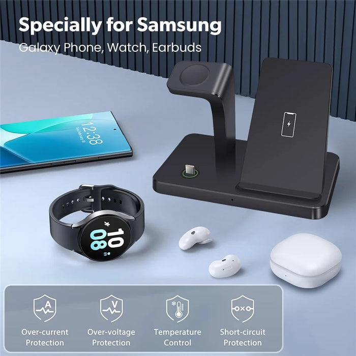 B732 3-in-1 Wireless Charger Phone Earphone Watch Charging Stand - Black / For Samsung - 6