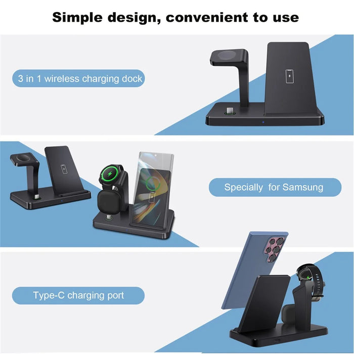 B732 3-in-1 Wireless Charger Phone Earphone Watch Charging Stand - Black / For Samsung - 7