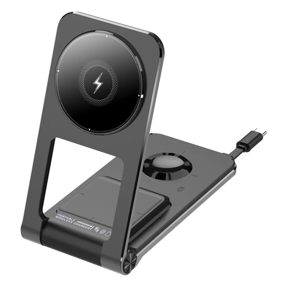 M2 Foldable 3-in-1 Phone Stand Magnetic Wireless Charger With Built-In Type-C Cable 15W Fast Charging - Black - 1
