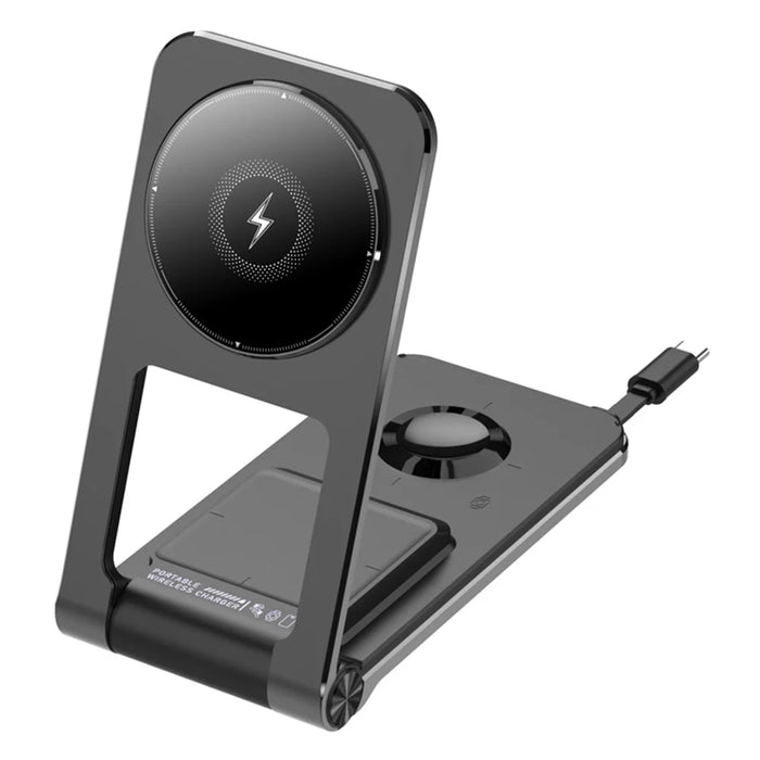 M2 Foldable 3-in-1 Phone Stand Magnetic Wireless Charger With Built-In Type-C Cable 15W Fast Charging - Black - 1