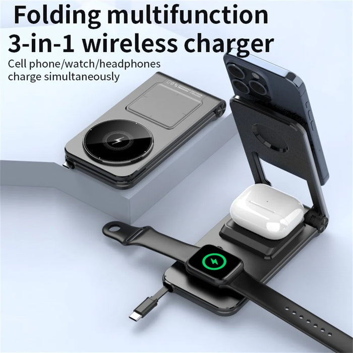 M2 Foldable 3-in-1 Phone Stand Magnetic Wireless Charger With Built-In Type-C Cable 15W Fast Charging - Black - 2