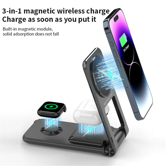 M2 Foldable 3-in-1 Phone Stand Magnetic Wireless Charger With Built-In Type-C Cable 15W Fast Charging - Black - 3