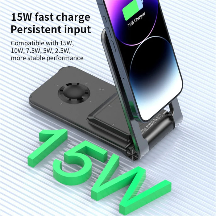 M2 Foldable 3-in-1 Phone Stand Magnetic Wireless Charger With Built-In Type-C Cable 15W Fast Charging - Black - 5