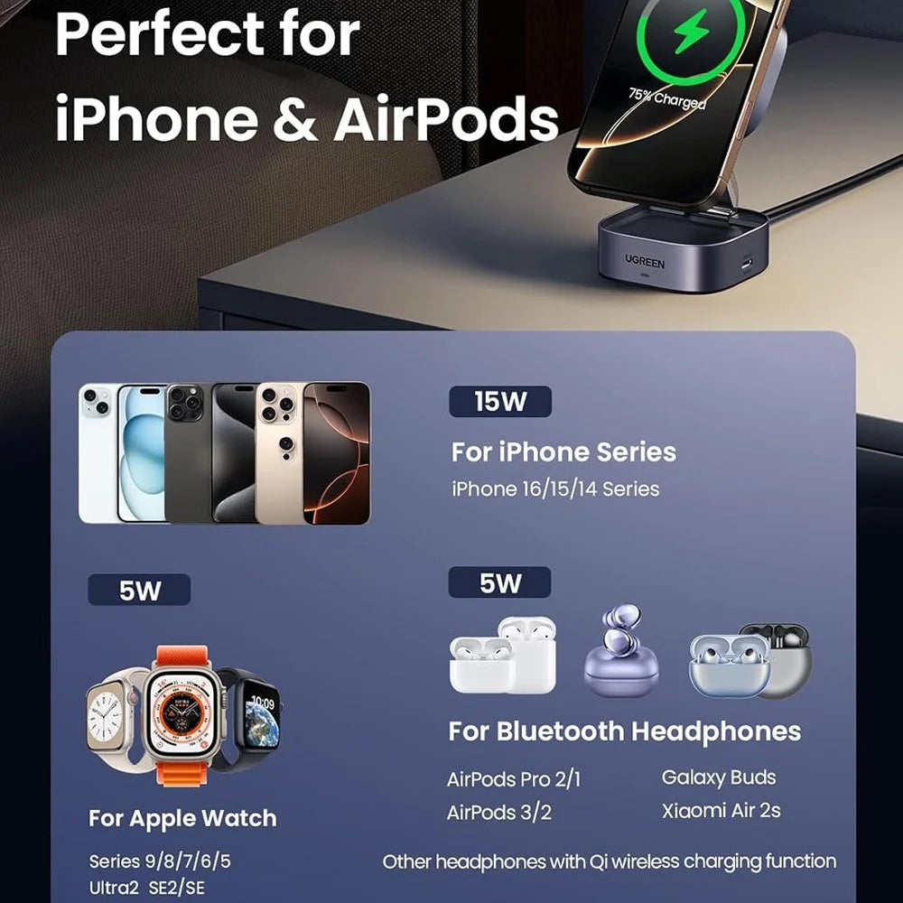 UGREEN Qi2 Magnetic Foldable 2-in-1 Fast Wireless Charger 15W Charging Stand For iPhone 16  /  15  /  14 Airpods Pro - 7