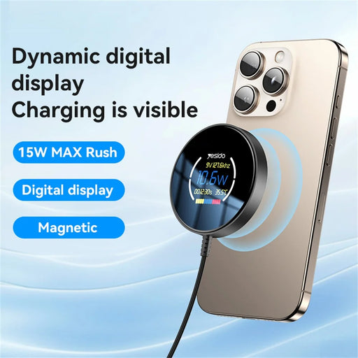 YESIDO DS28 Magnetic Wireless Charger Digital Display Fast Charging Pad with 1.2m Type C Cable - 2