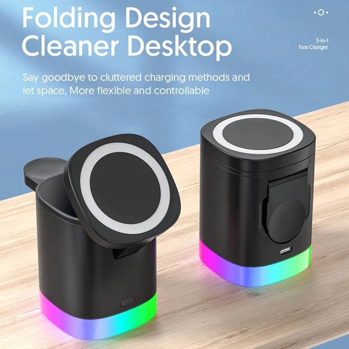 T15 3 in 1 Foldable Wireless Charger Magnetic Charging Station for iPhone  /  AirPods  /  Apple Watch - Black - 5