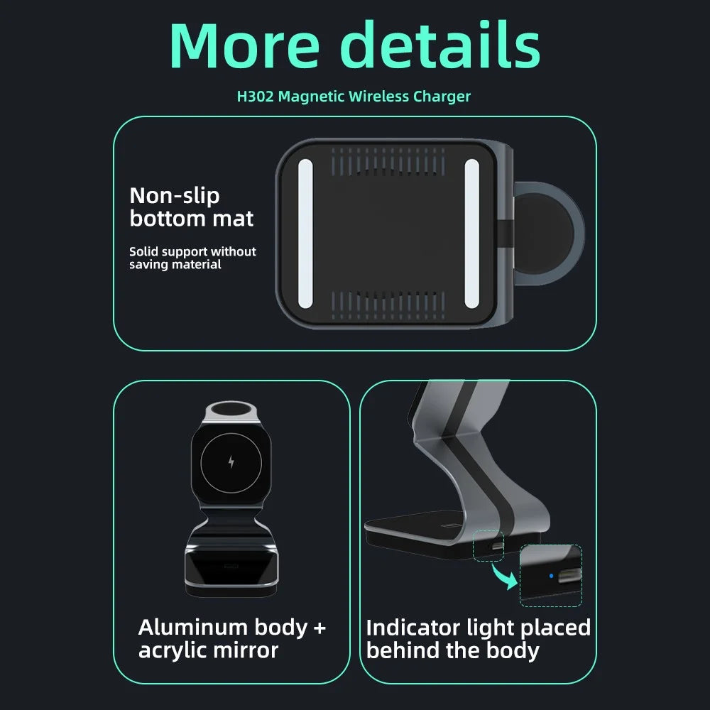 H302 3 in 1 Magnetic Wireless Charger 15W Fast Charging Stand for Phone Earbuds Watch - 6