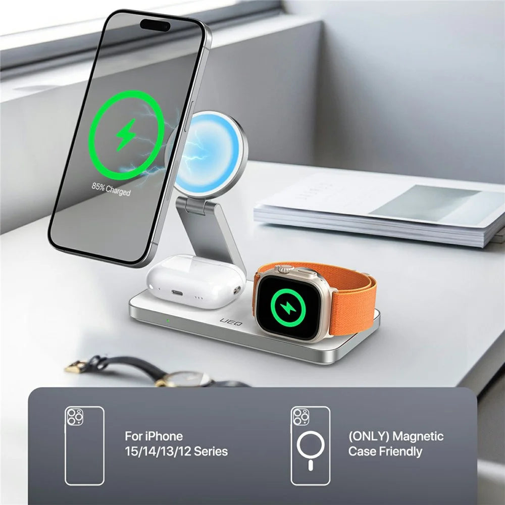 T8 3 in 1 Wireless Charging Station Foldable Charger Stand for iPhone 15-12 / Apple Watch / Airpods - White - 2