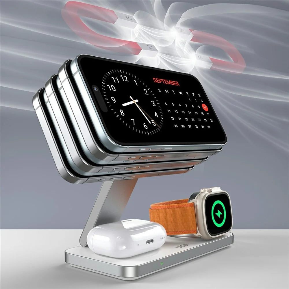 T8 3 in 1 Wireless Charging Station Foldable Charger Stand for iPhone 15-12 / Apple Watch / Airpods - White - 3