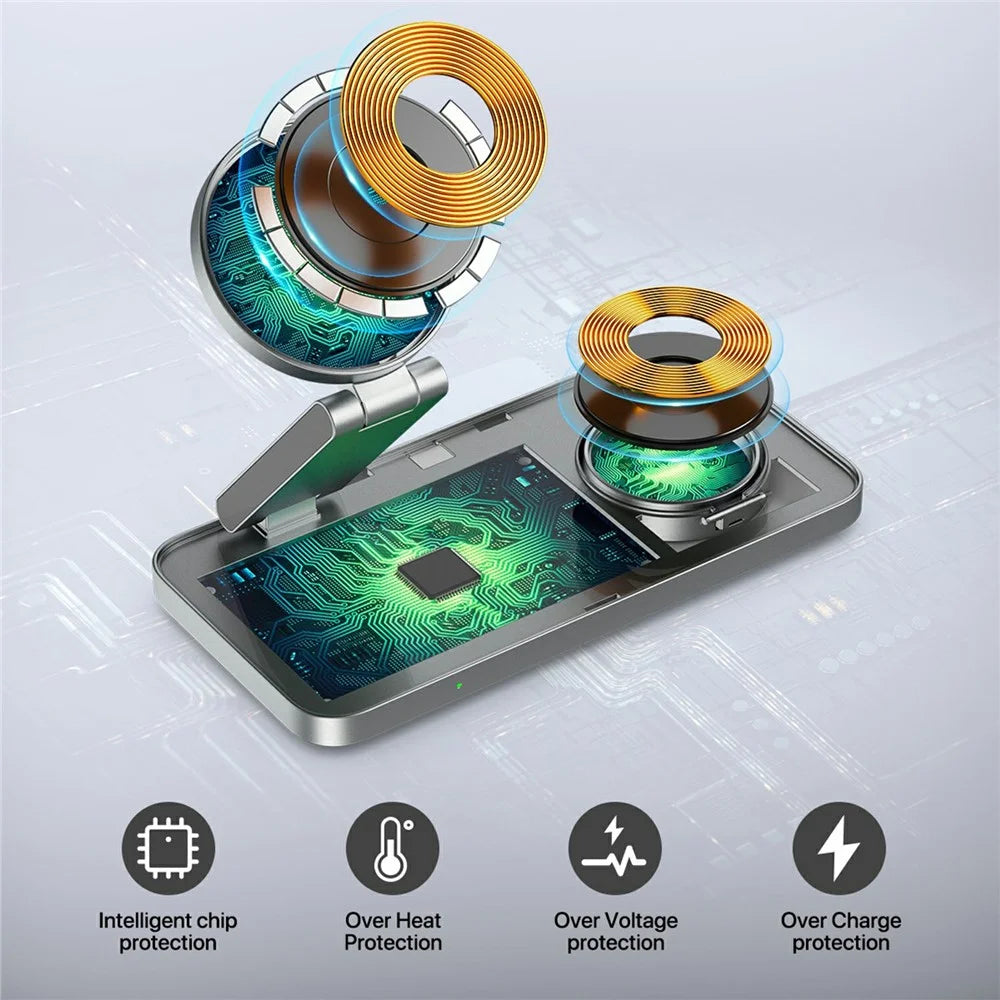 T8 3 in 1 Wireless Charging Station Foldable Charger Stand for iPhone 15-12 / Apple Watch / Airpods - White - 4