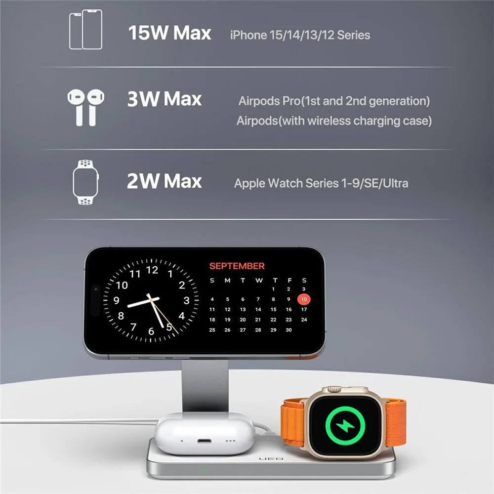 T8 3 in 1 Wireless Charging Station Foldable Charger Stand for iPhone 15-12 / Apple Watch / Airpods - White - 5