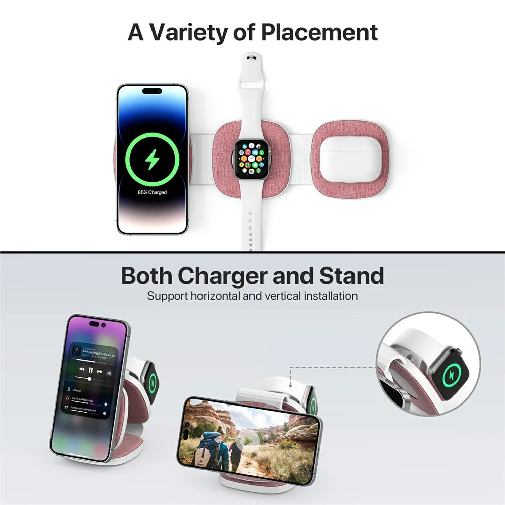 YM-T1 3 in 1 Magnetic Wireless Charger for Phone / Apple Watch / AirPods Foldable Travel Charging Pad - Pink - 3