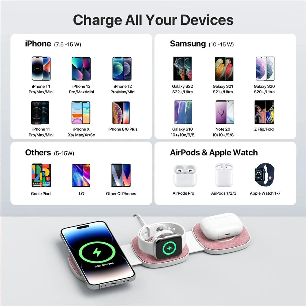YM-T1 3 in 1 Magnetic Wireless Charger for Phone / Apple Watch / AirPods Foldable Travel Charging Pad - Pink - 5