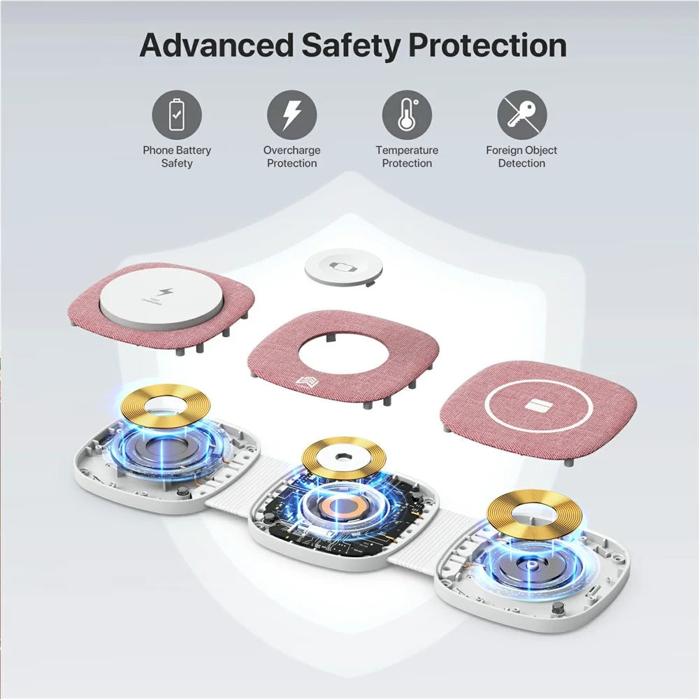 YM-T1 3 in 1 Magnetic Wireless Charger for Phone / Apple Watch / AirPods Foldable Travel Charging Pad - Pink - 6