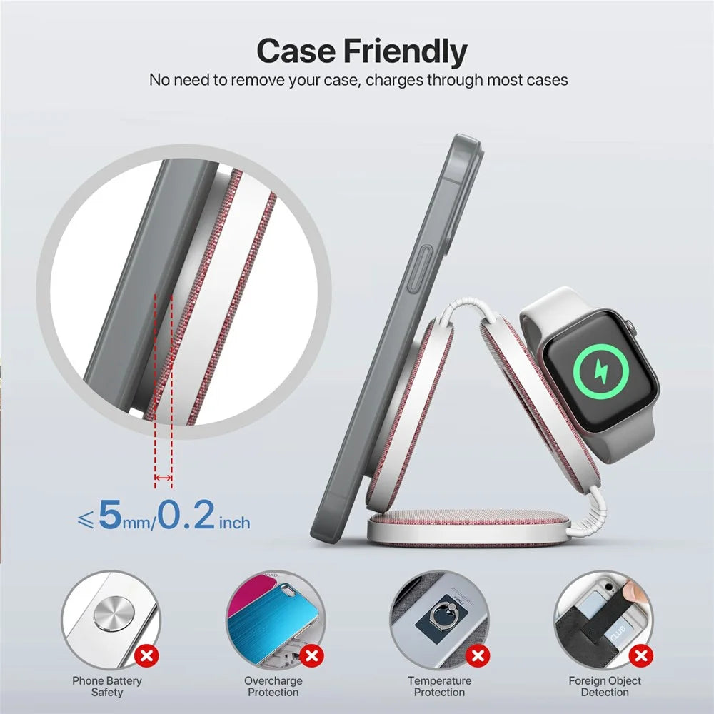 YM-T1 3 in 1 Magnetic Wireless Charger for Phone / Apple Watch / AirPods Foldable Travel Charging Pad - Pink - 7