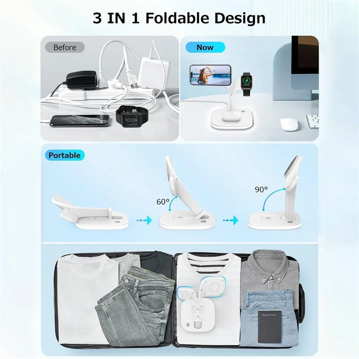 YM-UD22 Magnetic Wireless Charger Foldable Charging Station for iPhone 16-12 / Apple Watch / AirPods - White - 7