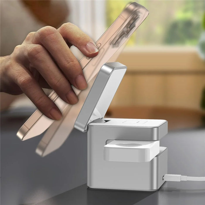 M35 Qi2 3 in 1 Wireless Charging Station Magnetic Aluminum Alloy Charger for Iphone / Apple Watch / Airpods - Silver - 7