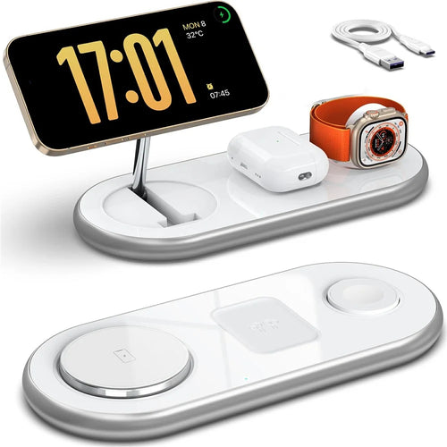 D301 Foldable Magnetic 3 in 1 Wireless Charger Phone Watch Earphone 15W Charging Stand with 18W Charger - White / US Plug - 1