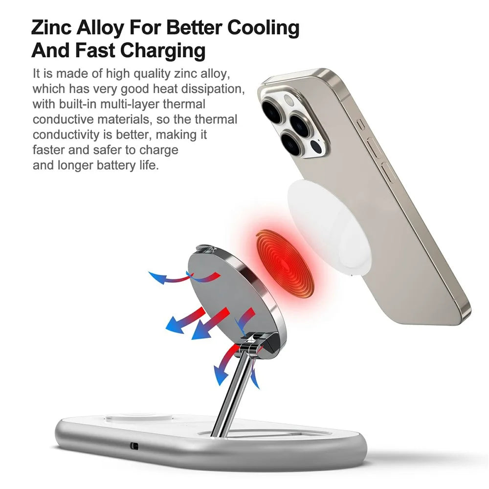 D301 Foldable Magnetic 3 in 1 Wireless Charger Phone Watch Earphone 15W Charging Stand with 18W Charger - White / US Plug - 2