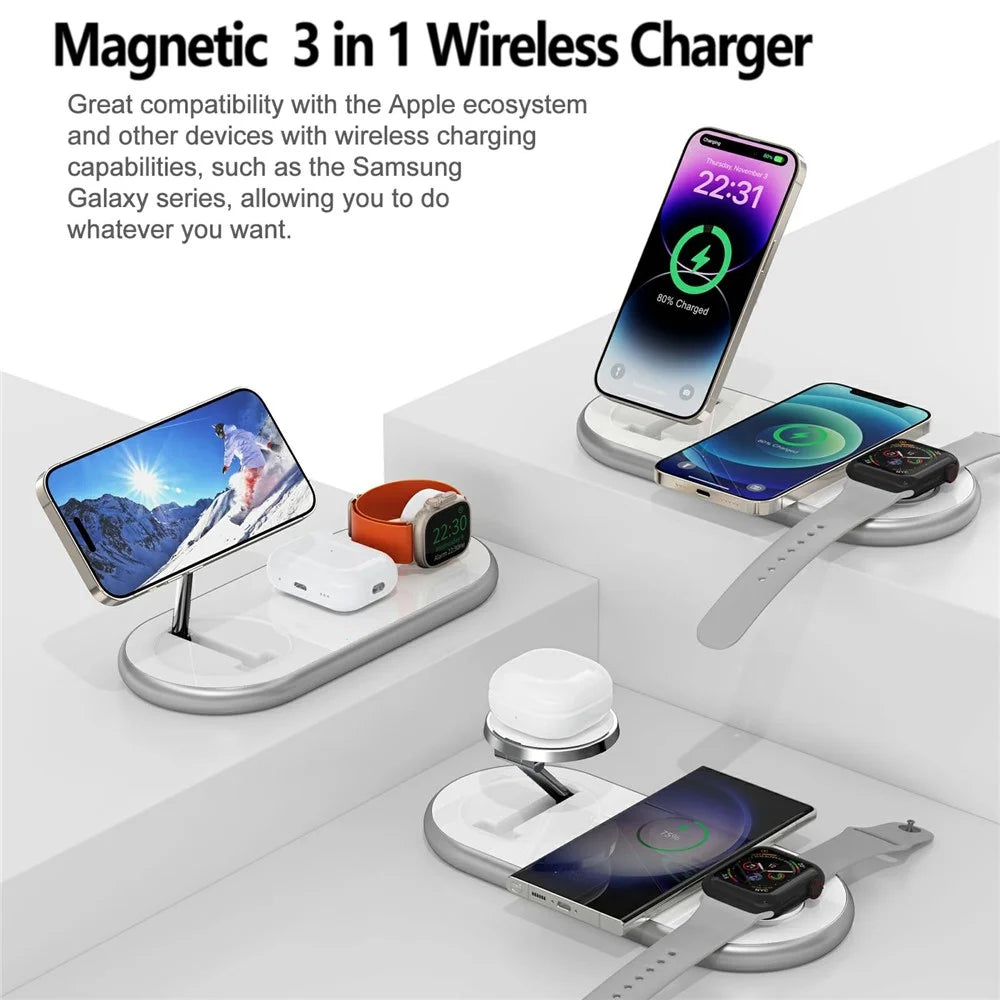 D301 Foldable Magnetic 3 in 1 Wireless Charger Phone Watch Earphone 15W Charging Stand with 18W Charger - White / US Plug - 3