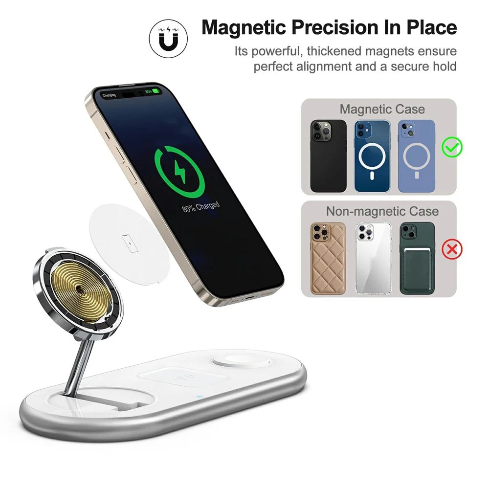 D301 Foldable Magnetic 3 in 1 Wireless Charger Phone Watch Earphone 15W Charging Stand with 18W Charger - White / US Plug - 4
