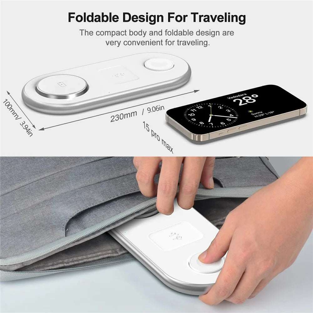 D301 Foldable Magnetic 3 in 1 Wireless Charger Phone Watch Earphone 15W Charging Stand with 18W Charger - White / US Plug - 6