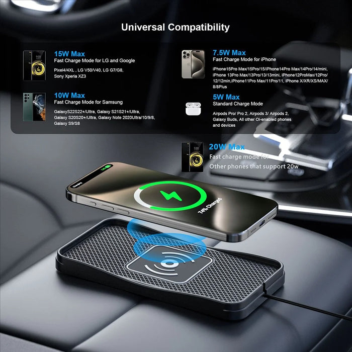 D3 20W Car Wireless Charger with 1m Cable Fast Charging Anti Slip Silicone Pad for Vehicles - USB Plug - 5