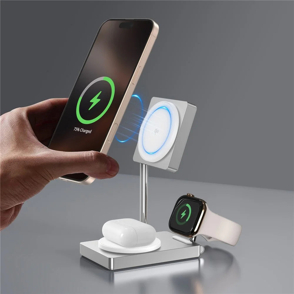 M39 30W 3 in 1 Foldable Magnetic Wireless Charger Zinc Alloy Stand Charging Station Qi2 Certified (Dual Magnet) - White - 2