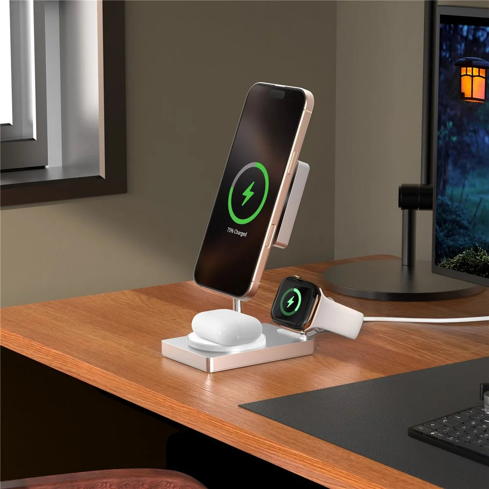 M39 30W 3 in 1 Foldable Magnetic Wireless Charger Zinc Alloy Stand Charging Station Qi2 Certified (Dual Magnet) - White - 3
