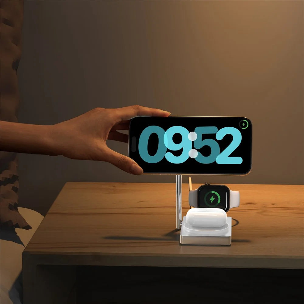 M39 30W 3 in 1 Foldable Magnetic Wireless Charger Zinc Alloy Stand Charging Station Qi2 Certified (Dual Magnet) - White - 4