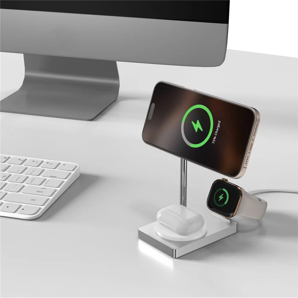 M39 30W 3 in 1 Foldable Magnetic Wireless Charger Zinc Alloy Stand Charging Station Qi2 Certified (Dual Magnet) - White - 6