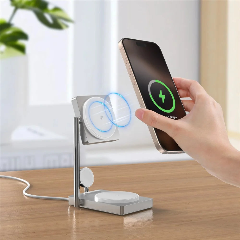 M39 30W 3 in 1 Foldable Magnetic Wireless Charger Zinc Alloy Stand Charging Station Qi2 Certified (Dual Magnet) - White - 7