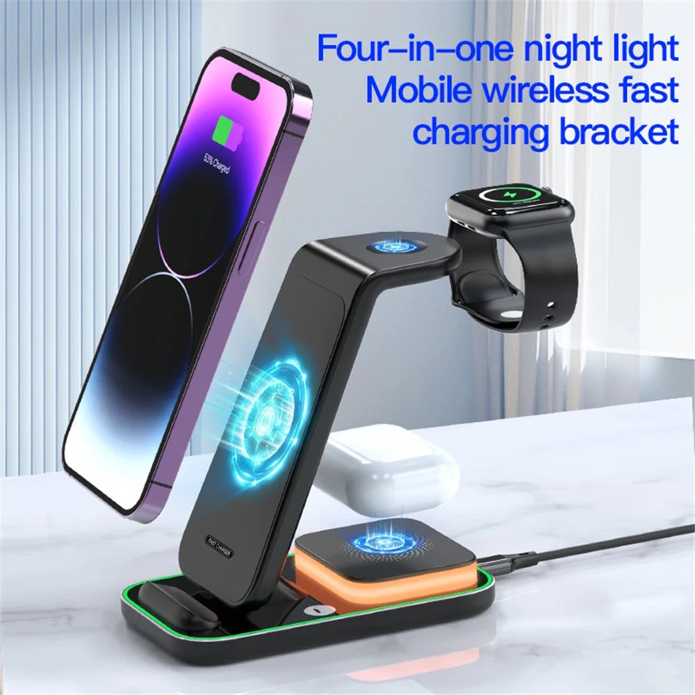 YF-A6 3 In 1 15W Dual Coil Wireless Charger with Night Light for iPhone  /  Apple Watch  /  AirPods Charging Stand - Black - 2