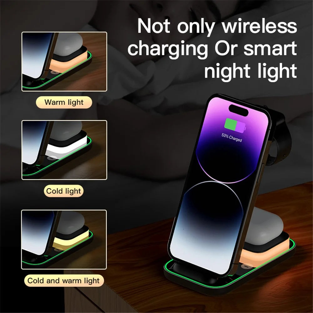 YF-A6 3 In 1 15W Dual Coil Wireless Charger with Night Light for iPhone  /  Apple Watch  /  AirPods Charging Stand - Black - 3