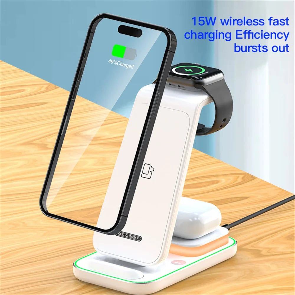 YF-A6 3 In 1 15W Dual Coil Wireless Charger with Night Light for iPhone  /  Apple Watch  /  AirPods Charging Stand - Black - 4