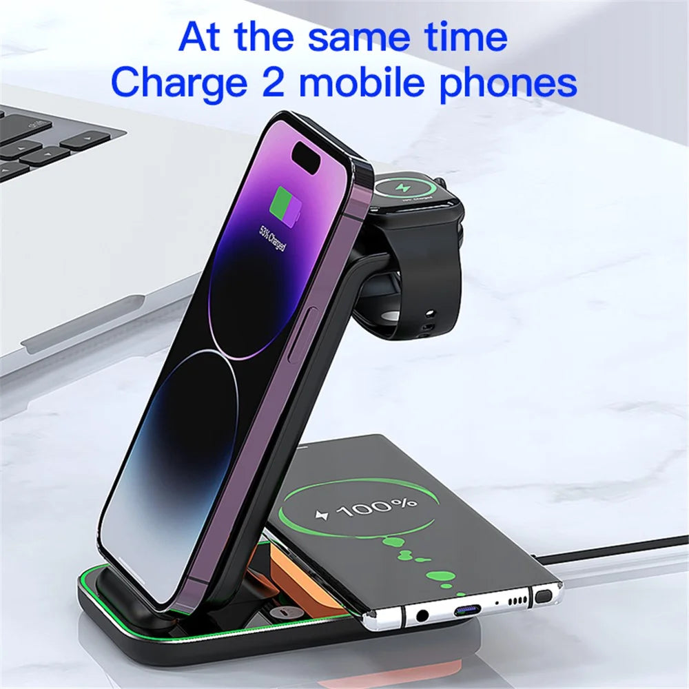 YF-A6 3 In 1 15W Dual Coil Wireless Charger with Night Light for iPhone  /  Apple Watch  /  AirPods Charging Stand - Black - 5