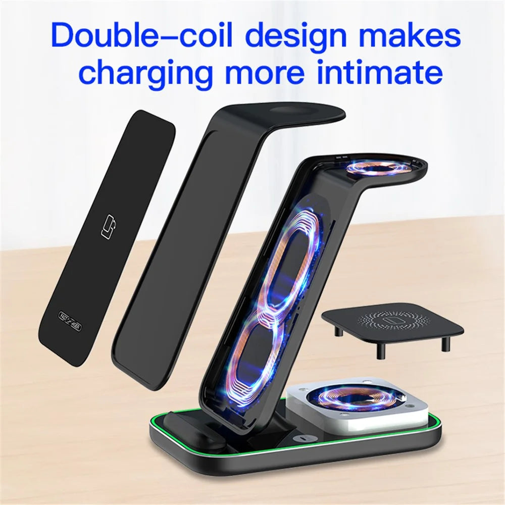 YF-A6 3 In 1 15W Dual Coil Wireless Charger with Night Light for iPhone  /  Apple Watch  /  AirPods Charging Stand - Black - 7