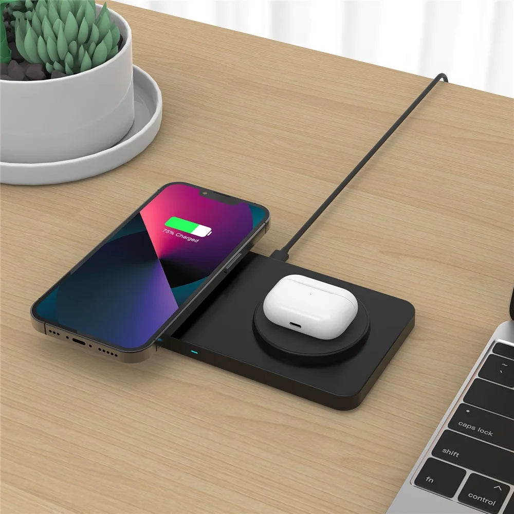 M15 30W 2 in 1 Magnetic Desktop Wireless Charger Dual 15W Phone Earphone Charging Dock - Black - 7