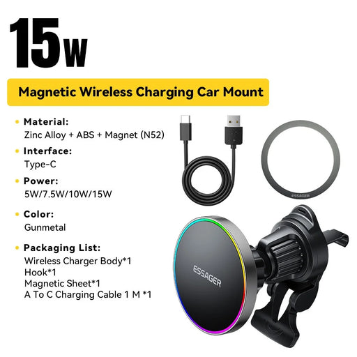 ESSAGER Car Air Vent Magnetic Wireless Charger Mount RGB Lighting 15W Fast Charging 360° Rotation Stand with Magnetic Sheet - 2
