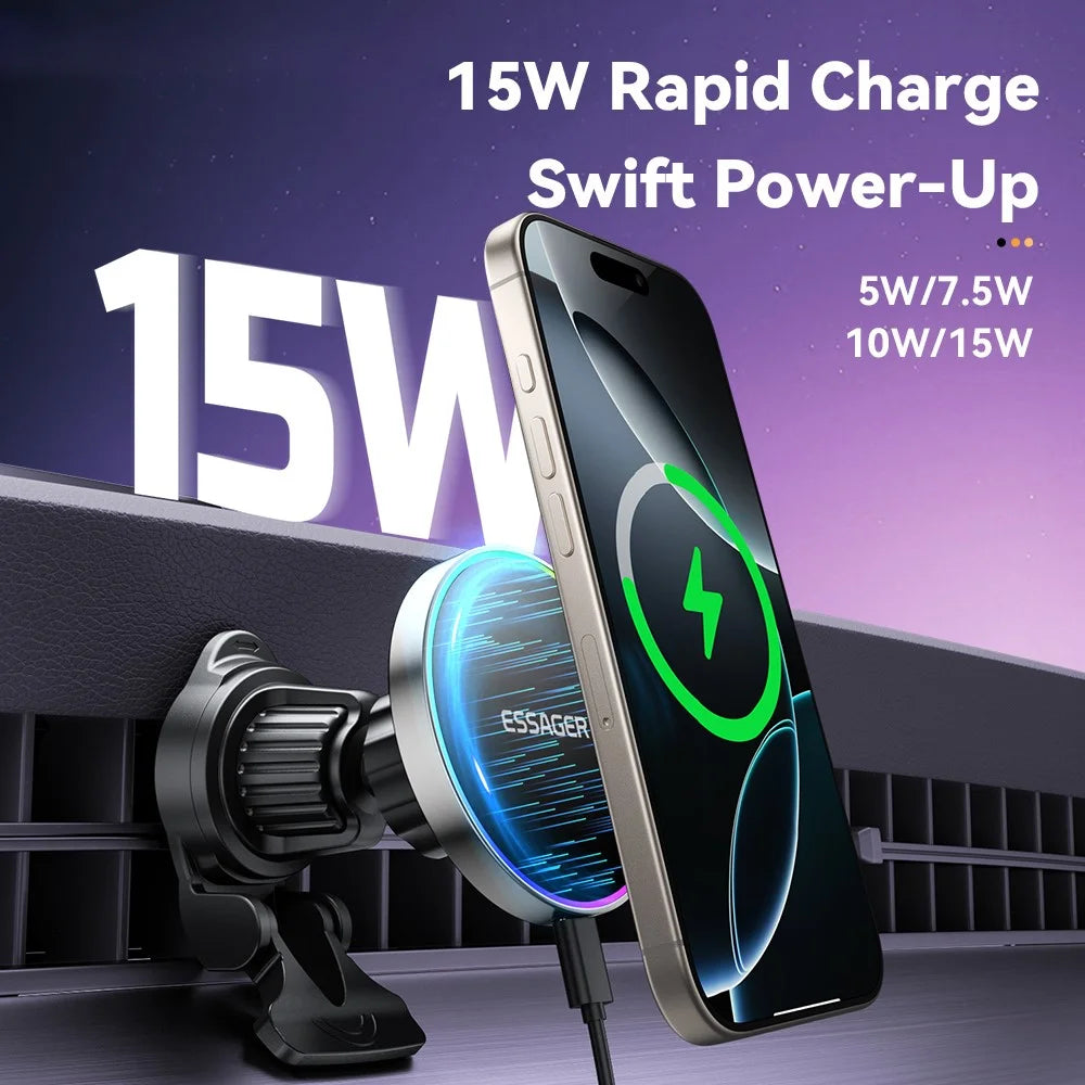 ESSAGER Car Air Vent Magnetic Wireless Charger Mount RGB Lighting 15W Fast Charging 360° Rotation Stand with Magnetic Sheet - 3