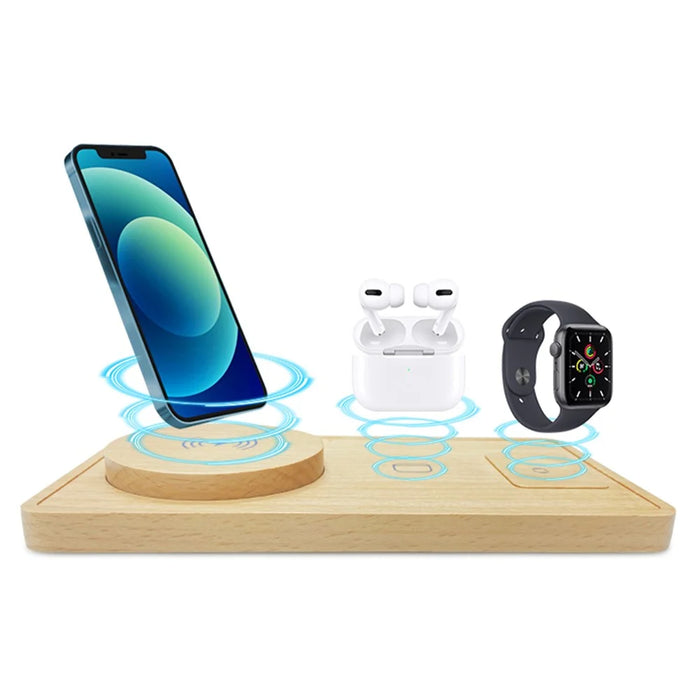 TH05 Ultra Thin 3 In 1 Wooden Wireless Charger 15W Fast Charging Dock for Phone / Earbuds / Watch - 2