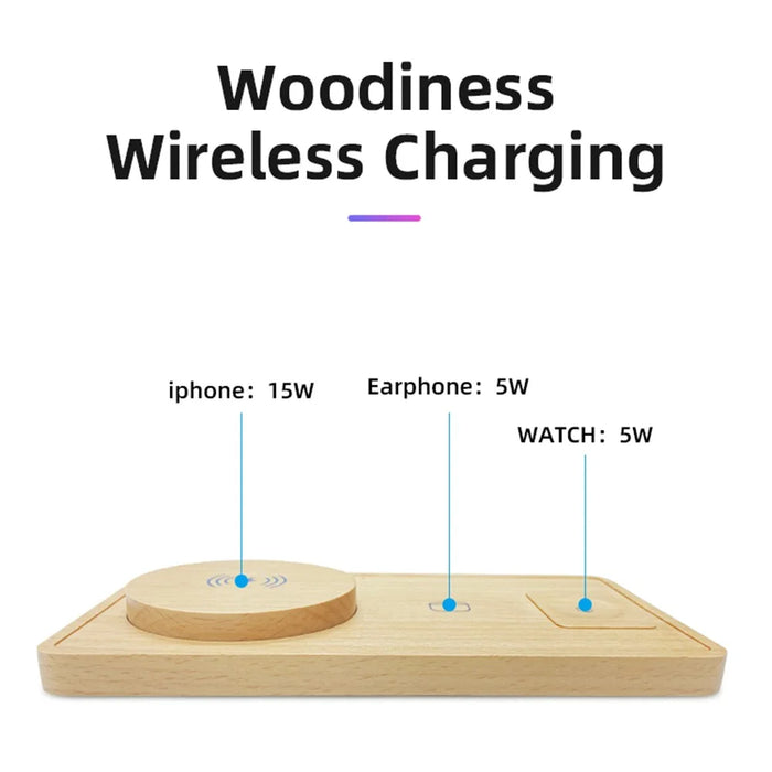 TH05 Ultra Thin 3 In 1 Wooden Wireless Charger 15W Fast Charging Dock for Phone / Earbuds / Watch - 4