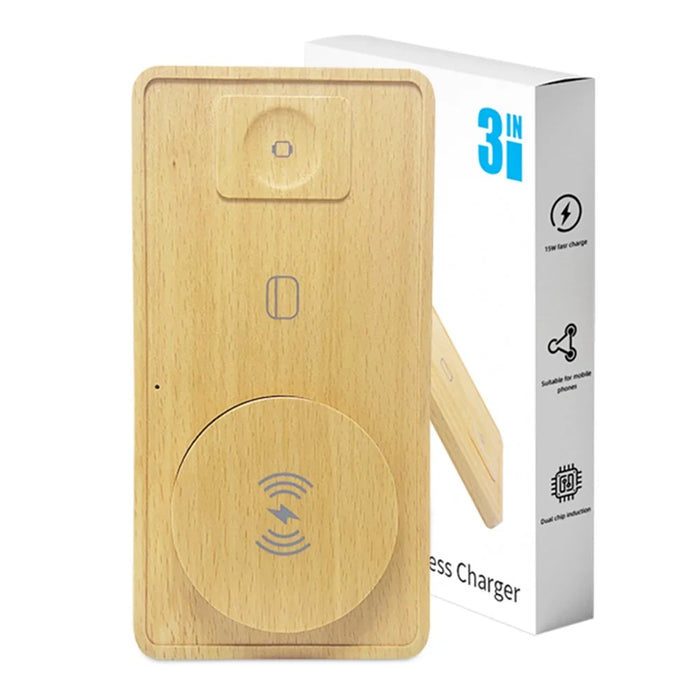 TH05 Ultra Thin 3 In 1 Wooden Wireless Charger 15W Fast Charging Dock for Phone / Earbuds / Watch - 7