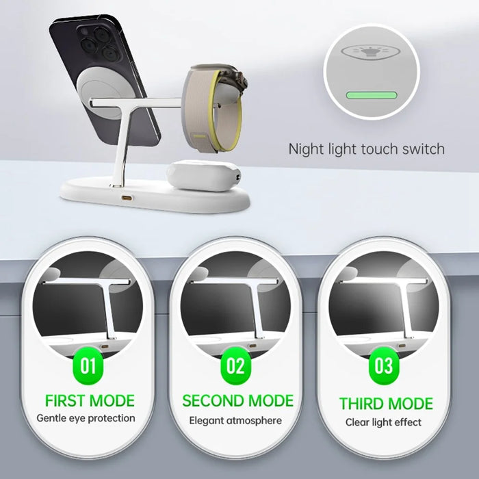 T256 15W Magnetic Wireless Charging Station Phone Watch Earphone Charging Dock with Night Light - White - 4