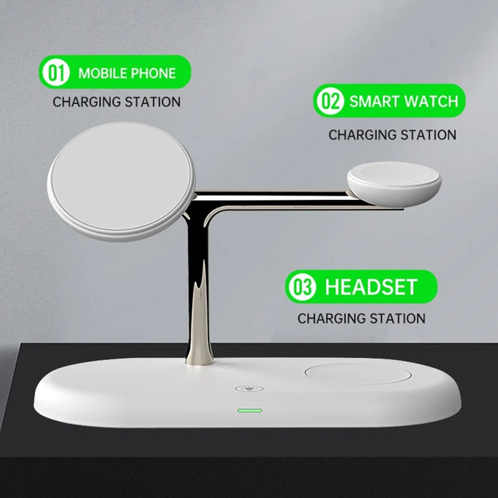 T256 15W Magnetic Wireless Charging Station Phone Watch Earphone Charging Dock with Night Light - White - 6
