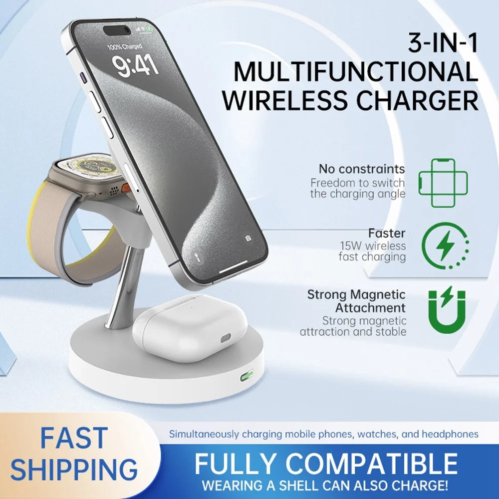 T269D 15W Magnetic Wireless Charger Phone Watch Earphone Fast Charging Station with Night Light - White - 3