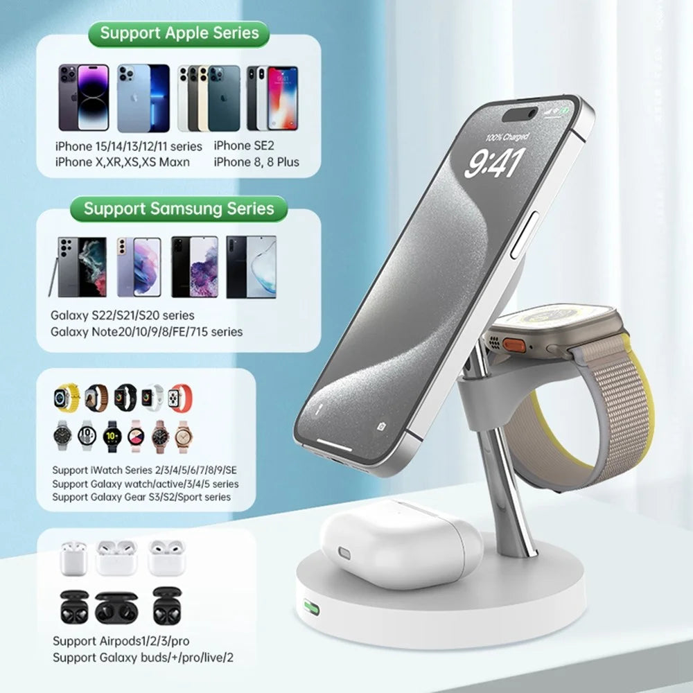 T269D 15W Magnetic Wireless Charger Phone Watch Earphone Fast Charging Station with Night Light - White - 4