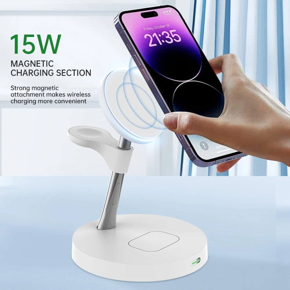 T269D 15W Magnetic Wireless Charger Phone Watch Earphone Fast Charging Station with Night Light - White - 5